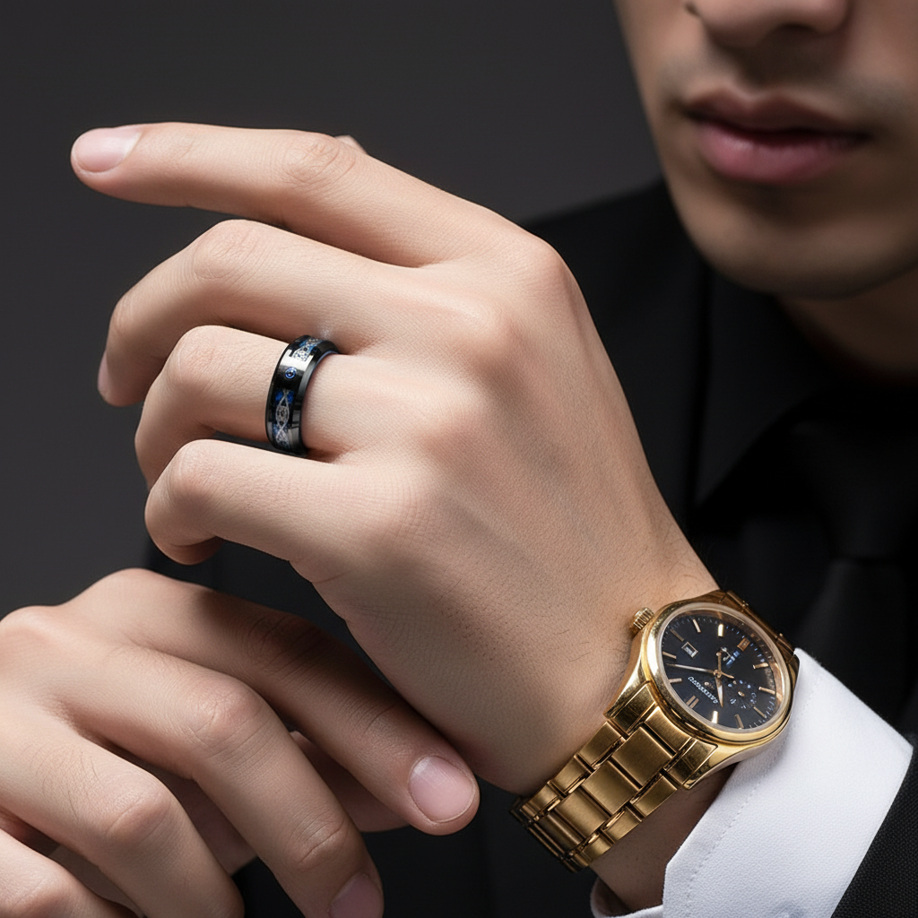 Blue Diamond Black Dome Celtic Knot Tungsten Men's Ring