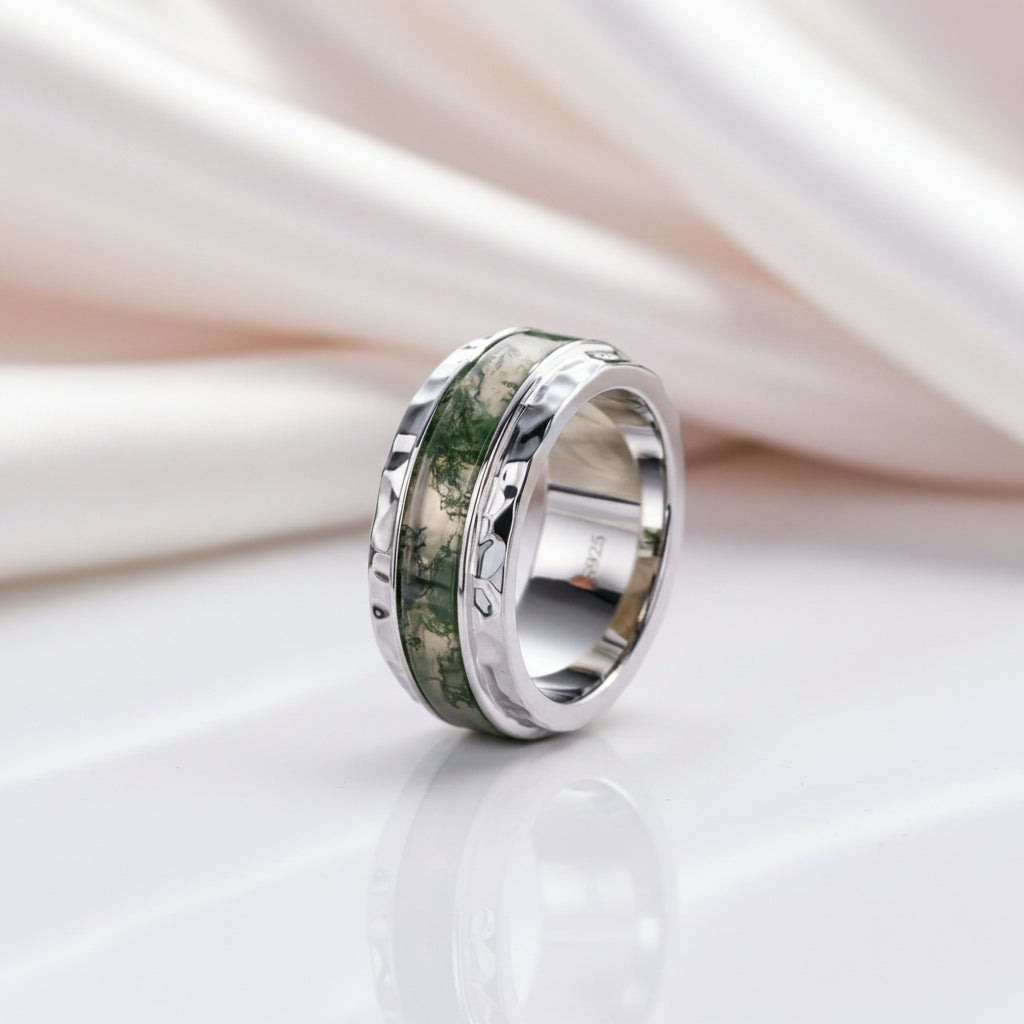 Moss Agate Hammered Wedding Band-Black Diamonds New York