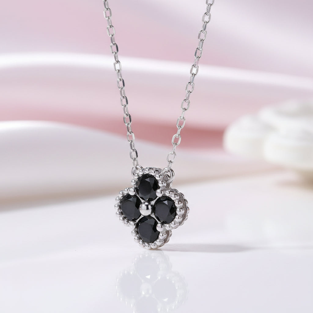 Platinum Overlay Four-Leaf Clover Certified Moissanite Necklaces-Black Diamonds New York