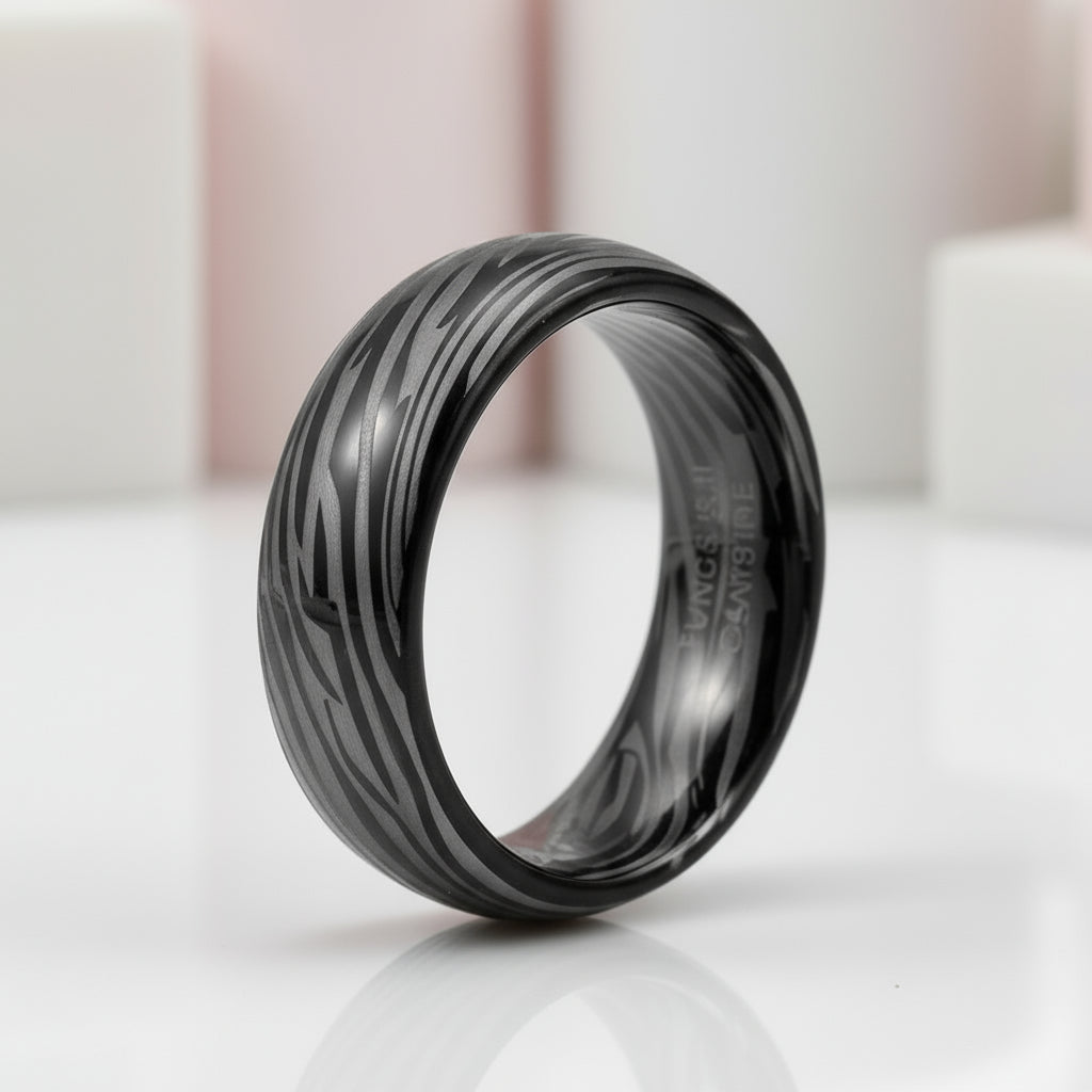 8mm Dome Zebra Pattern Tungsten Carbide Men's Ring-Black Diamonds New York