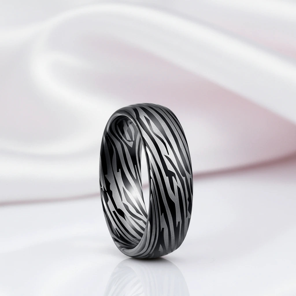 8mm Dome Zebra Pattern Tungsten Carbide Men's Ring-Black Diamonds New York