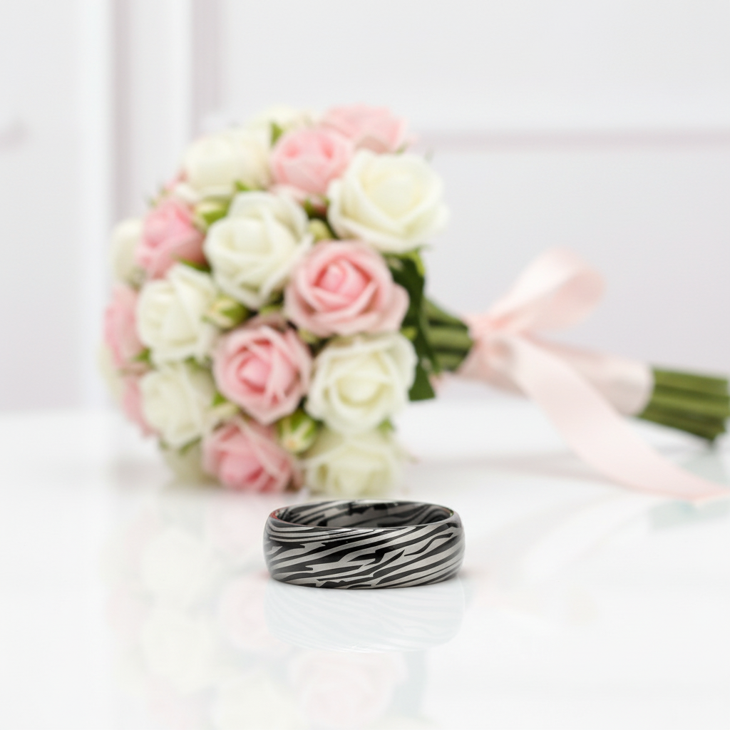 8mm Dome Zebra Pattern Tungsten Carbide Men's Ring-Black Diamonds New York