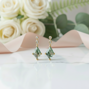 Kite Shaped Moss Agate Yellow Gold Earrings-Black Diamonds New York
