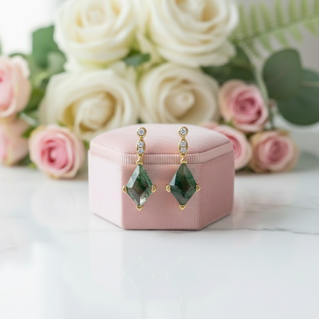 Kite Shaped Moss Agate Yellow Gold Earrings-Black Diamonds New York