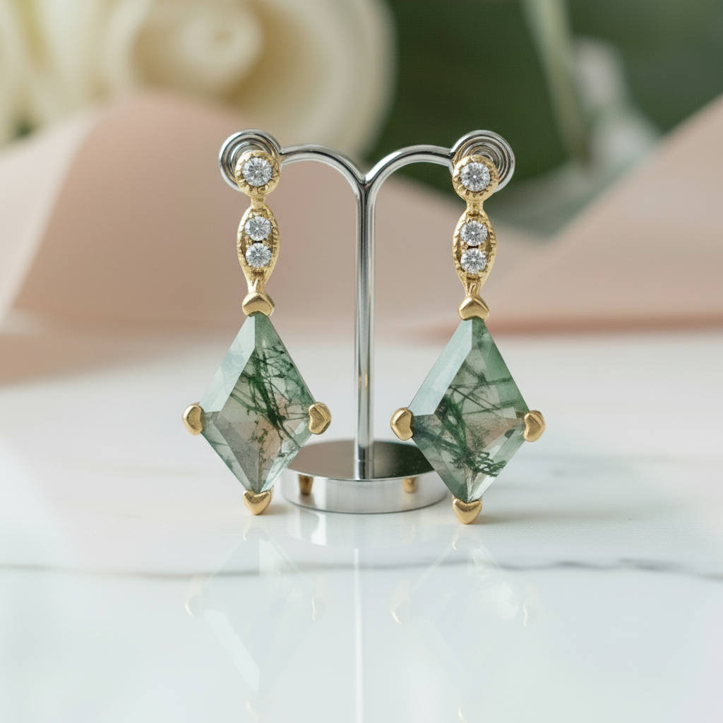 Kite Shaped Moss Agate Yellow Gold Earrings-Black Diamonds New York