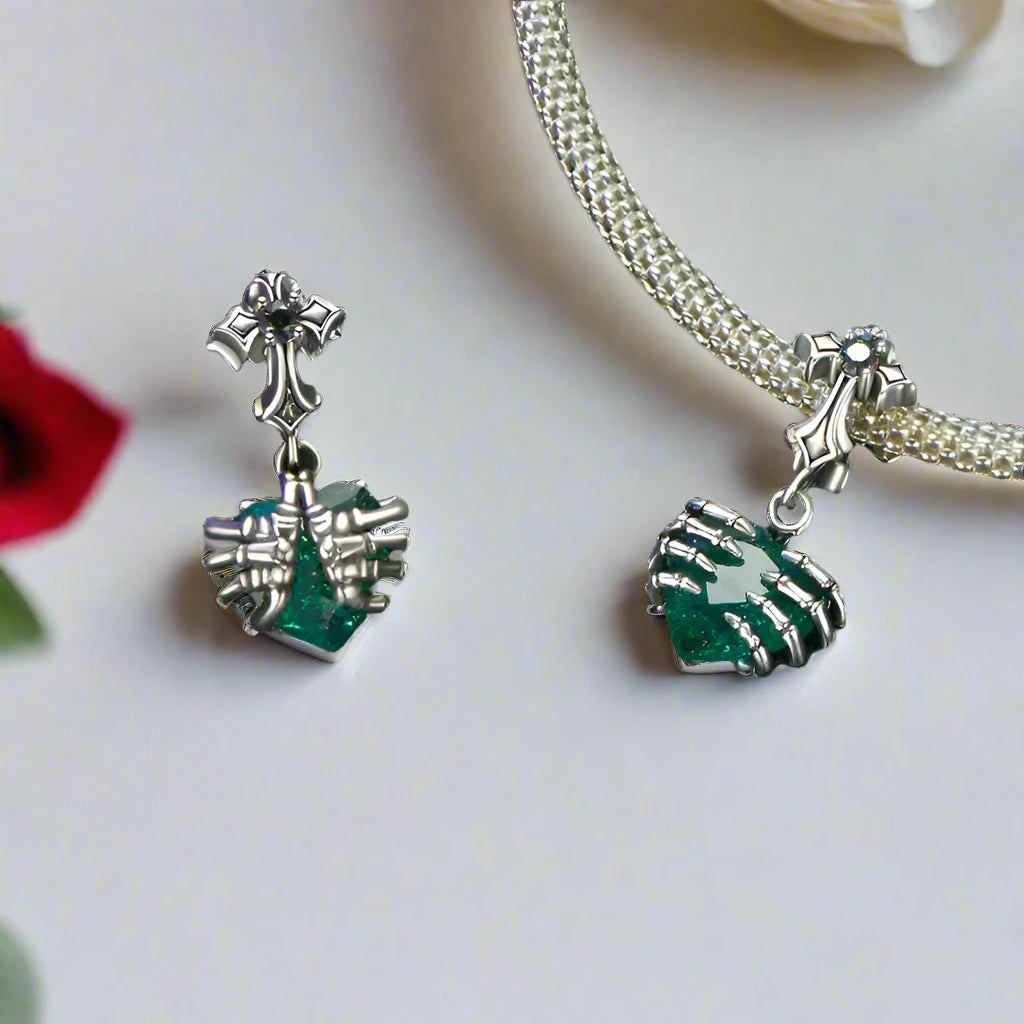 Cross and Skeleton Green Stone Gothic Charm-Black Diamonds New York