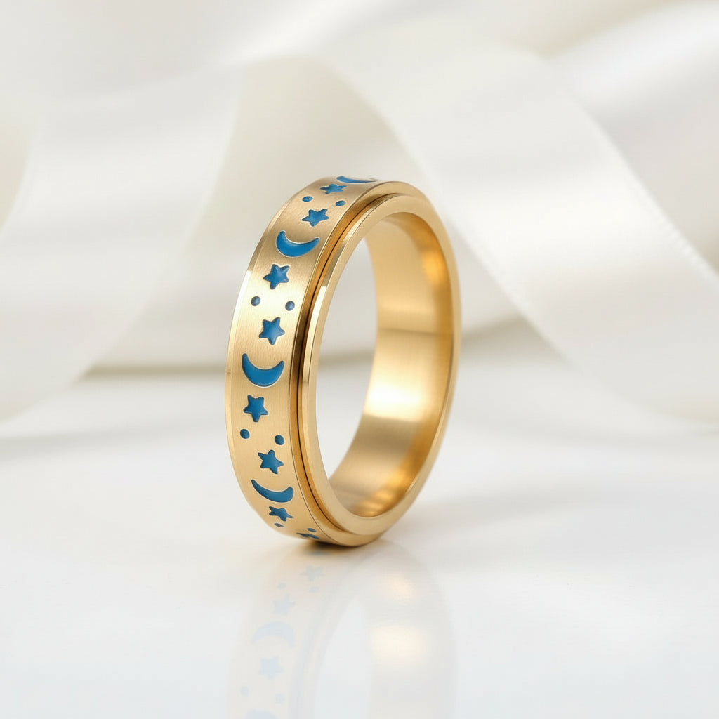 Star and Moon Titanium Steel Rotatable Luminous Ring-Black Diamonds New York