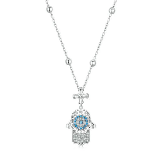 Round Diamond Hamsa Pendant Necklace with Cross-Black Diamonds New York
