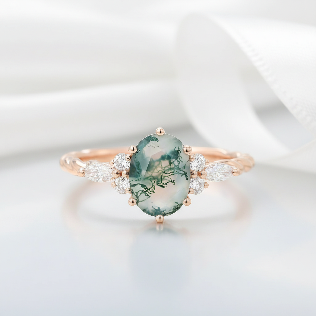 Natural Oval Moss Agate Promise Ring-Black Diamonds New York