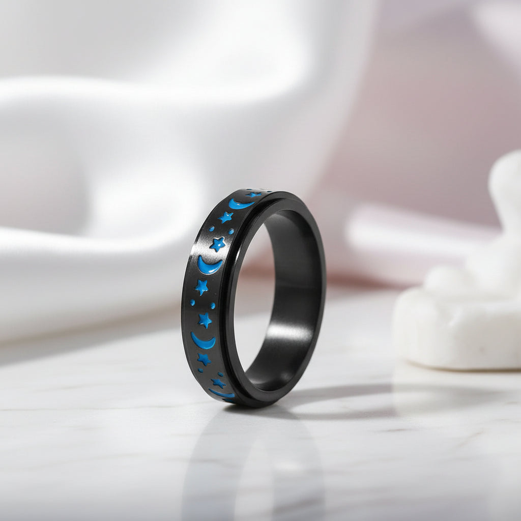 Star and Moon Titanium Steel Rotatable Luminous Ring-Black Diamonds New York