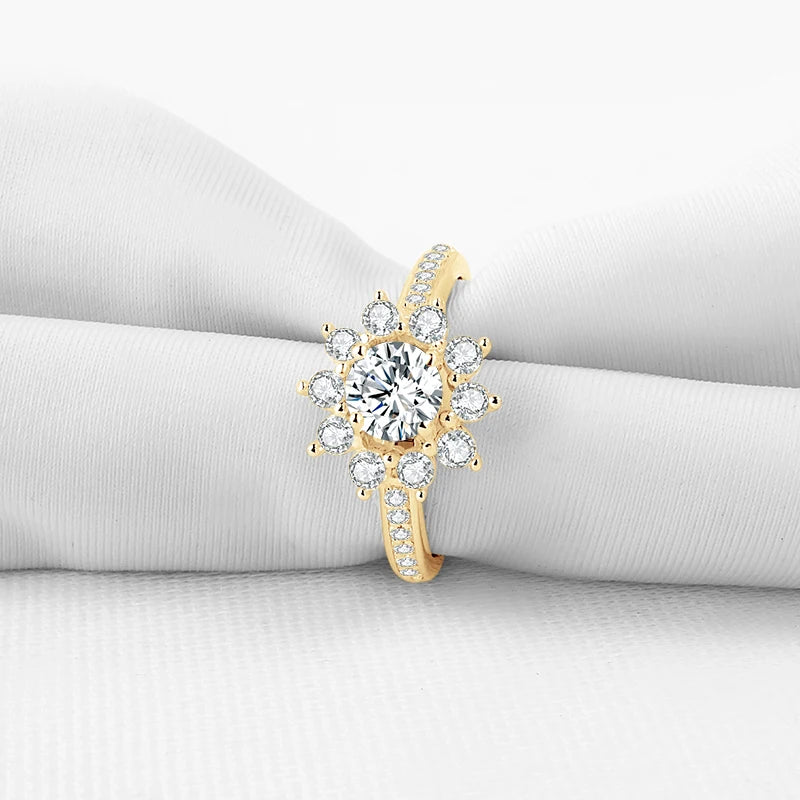 10K Yellow Gold Round Moissanite Sunflower Shaped Engagement Ring-Black Diamonds New York