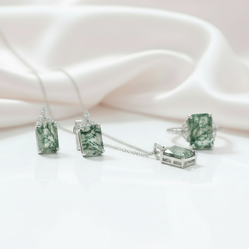 Unique Emerald Cut Natural Moss Agate Jewelry Set-Black Diamonds New York