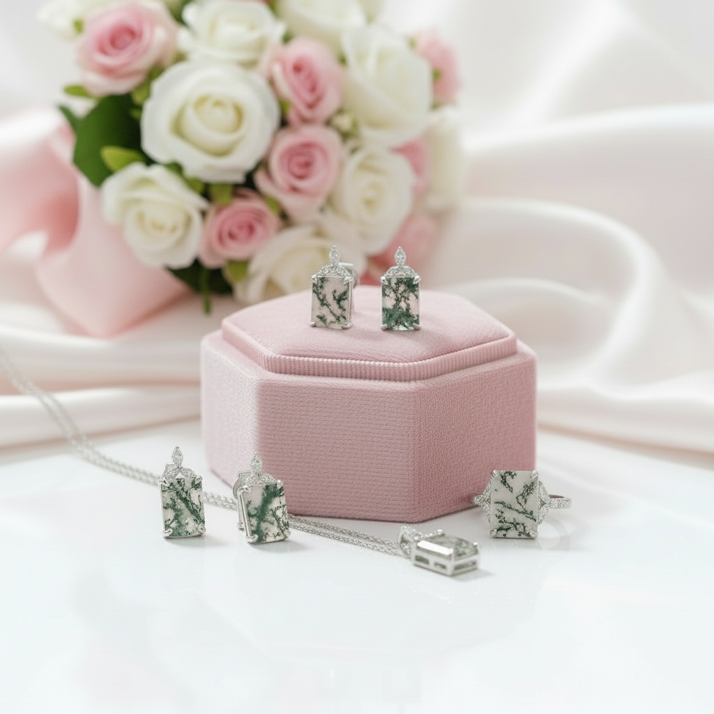 Unique Emerald Cut Natural Moss Agate Jewelry Set-Black Diamonds New York