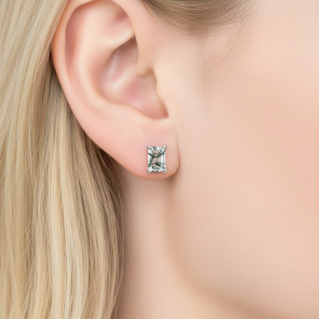 Emerald Cut Moss Agate Stud Earrings-Black Diamonds New York
