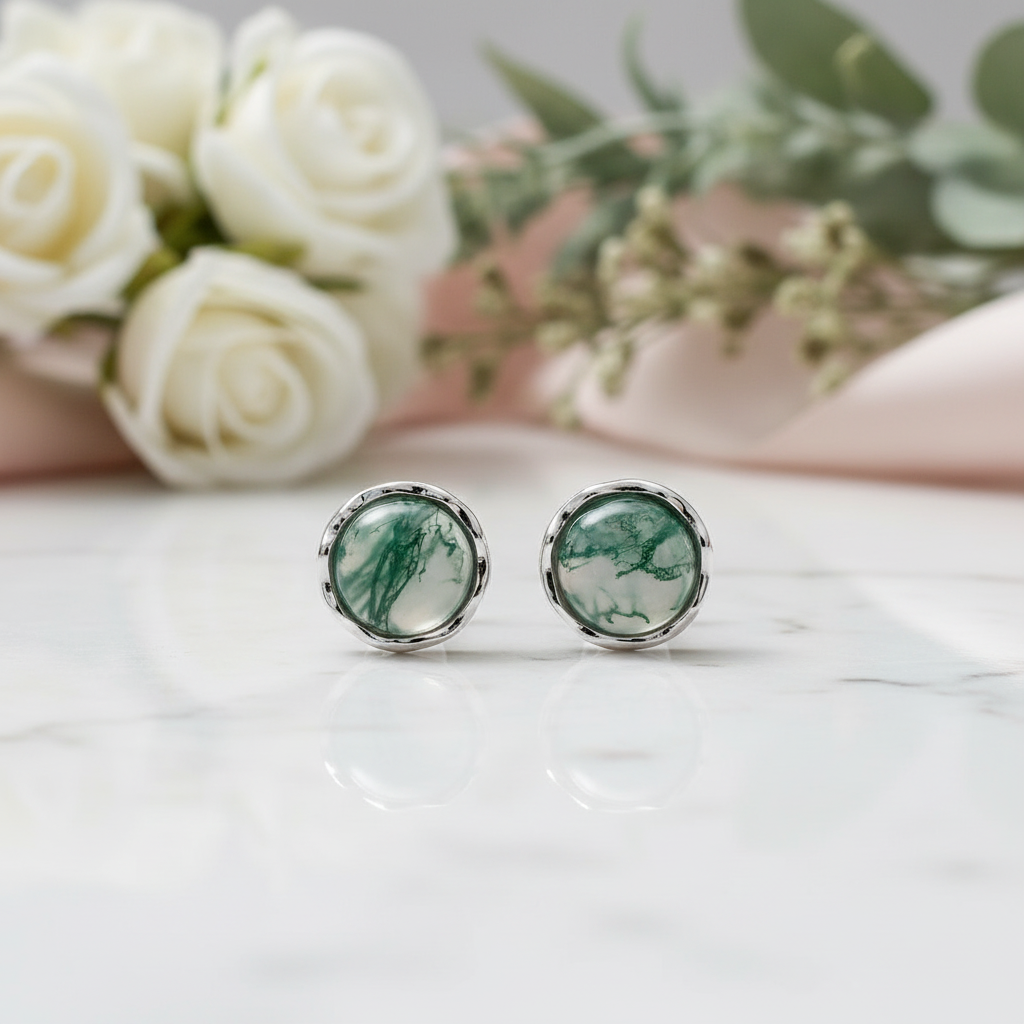 Round Moss Agate Classic Stud Earrings-Black Diamonds New York