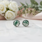 Round Moss Agate Classic Stud Earrings-Black Diamonds New York