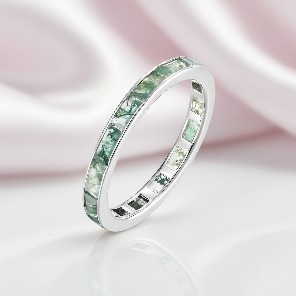 2*4mm Natural Moss Agate Wedding Band-Black Diamonds New York