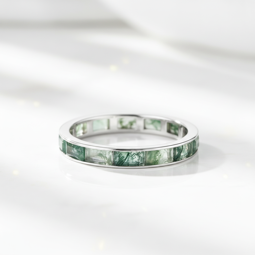 2*4mm Natural Moss Agate Wedding Band-Black Diamonds New York