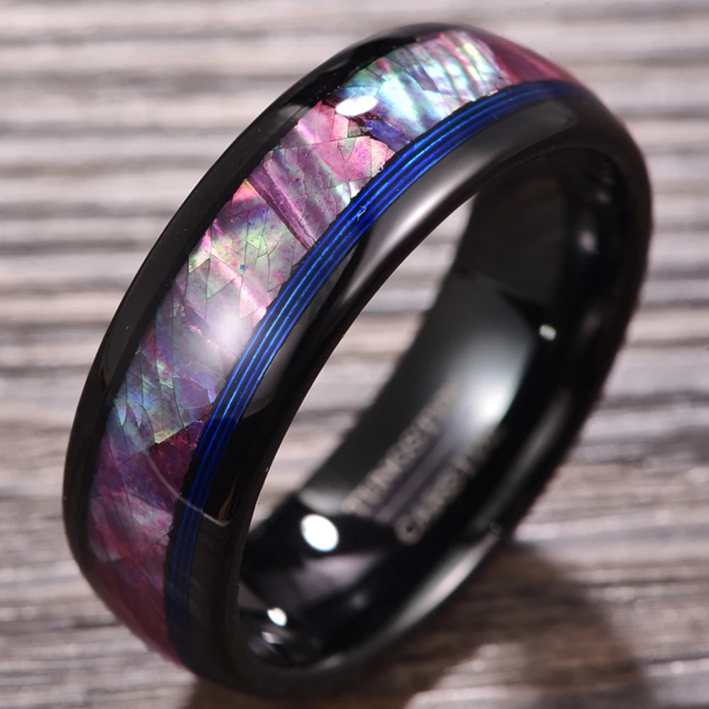 Dome Tungsten Wedding Band with Opal Abalone Shell & Blue Guitar String Inlay-Black Diamonds New York