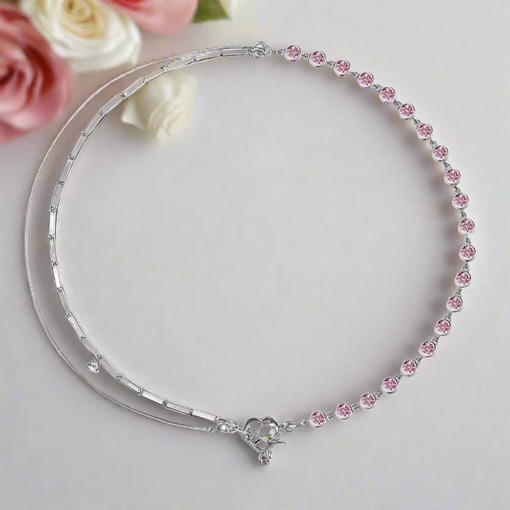 Pink Stone & Heart Shaped Molten Drop Necklace-Black Diamonds New York