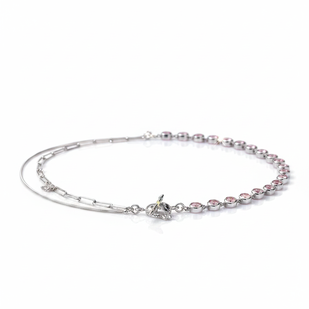 Pink Stone & Heart Shaped Molten Drop Necklace-Black Diamonds New York