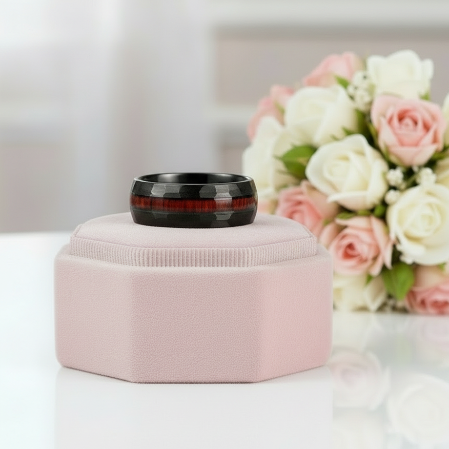 8mm Grooved Hammered Black Tungsten Carbide Men's Rings with Wood Inlay-Black Diamonds New York