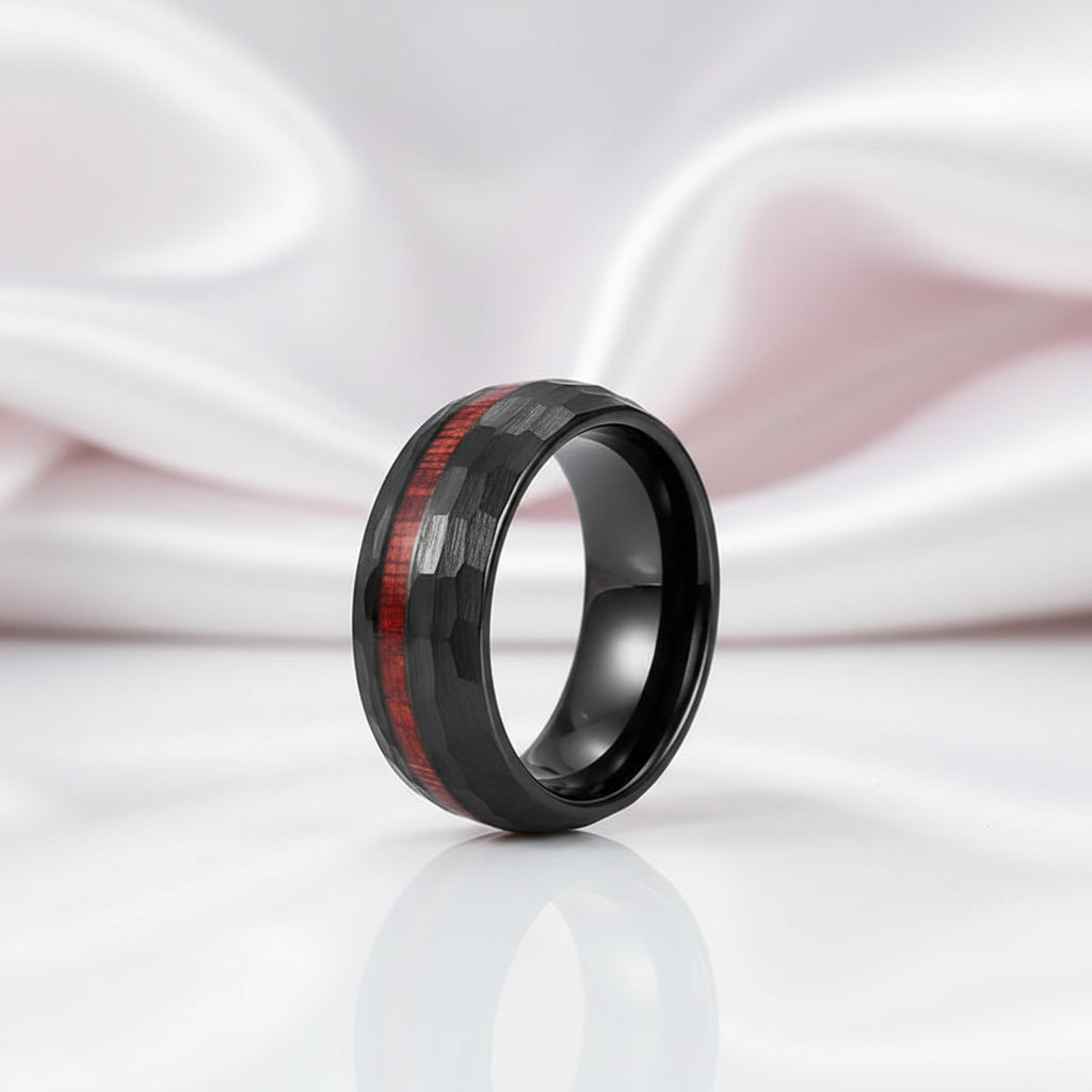8mm Grooved Hammered Black Tungsten Carbide Men's Rings with Wood Inlay-Black Diamonds New York