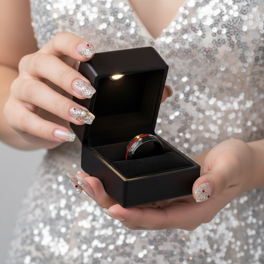 A black square ring box with a built-in light, held open by hands with decorated manicured nails. Inside the box is a dark metallic ring with a red band.