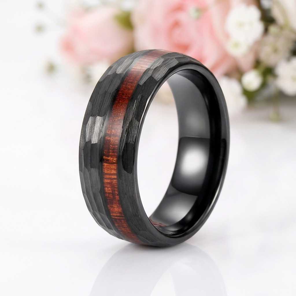 8mm Grooved Hammered Black Tungsten Carbide Men's Rings with Wood Inlay-Black Diamonds New York