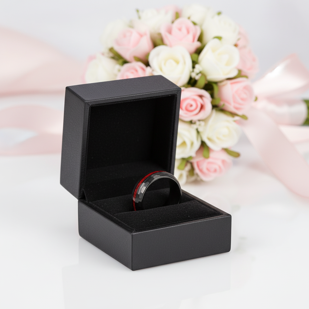 A black ring box with its lid open, displaying a black band ring with a red accent line, set against a soft-focus background of pink and white roses.