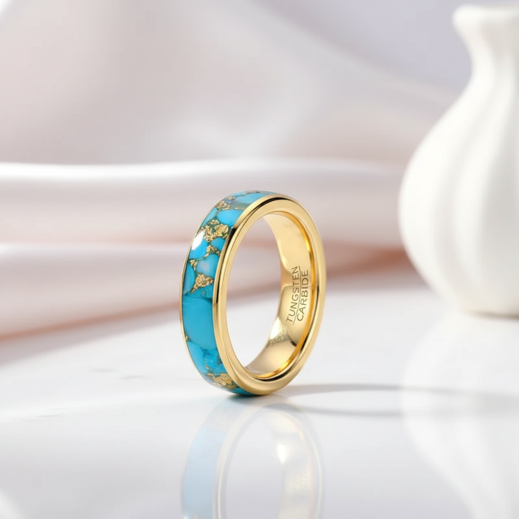 6mm Blue Turquoise Tungsten Carbide Ring-Black Diamonds New York
