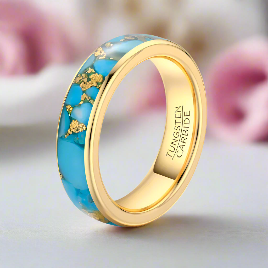6mm Natural Blue Turquoise Tungsten Carbide Ring-Black Diamonds New York