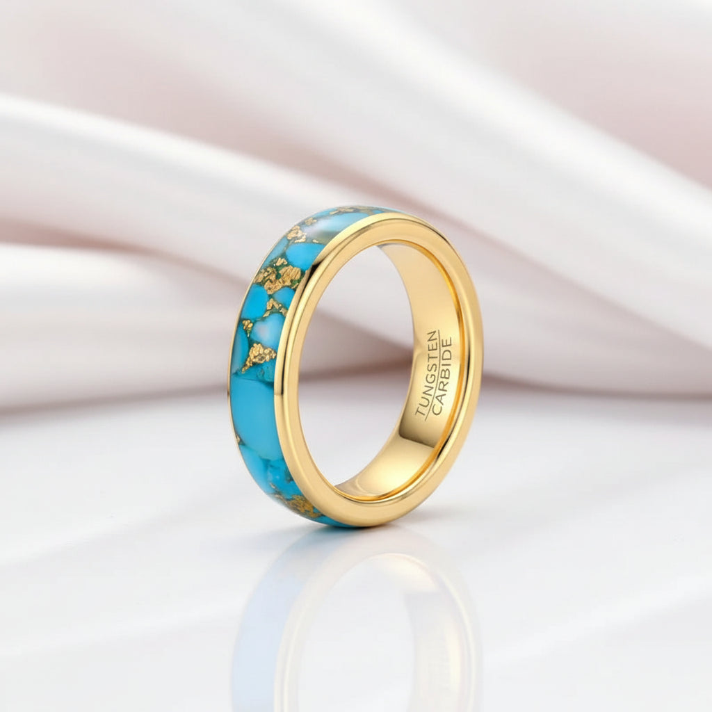 6mm Blue Turquoise Tungsten Carbide Ring-Black Diamonds New York