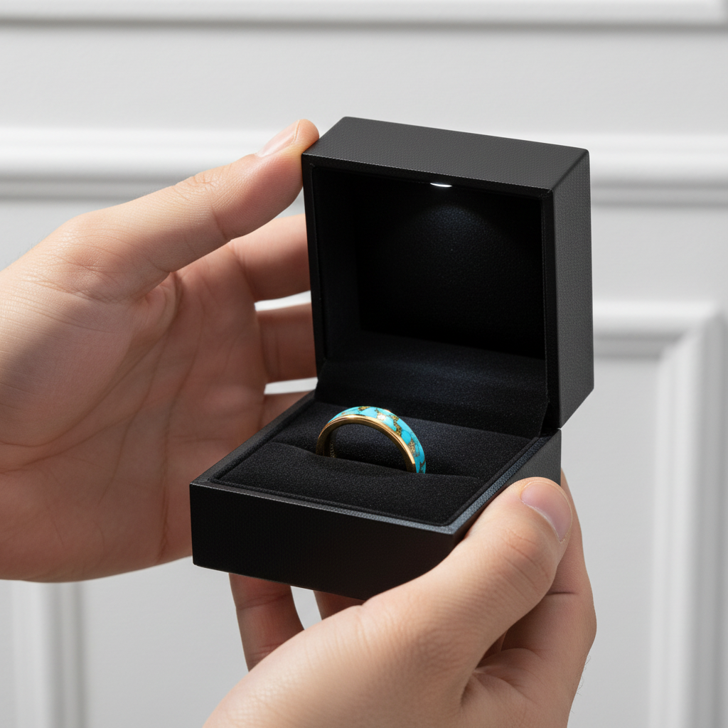 6mm Blue Turquoise Tungsten Carbide Ring-Black Diamonds New York