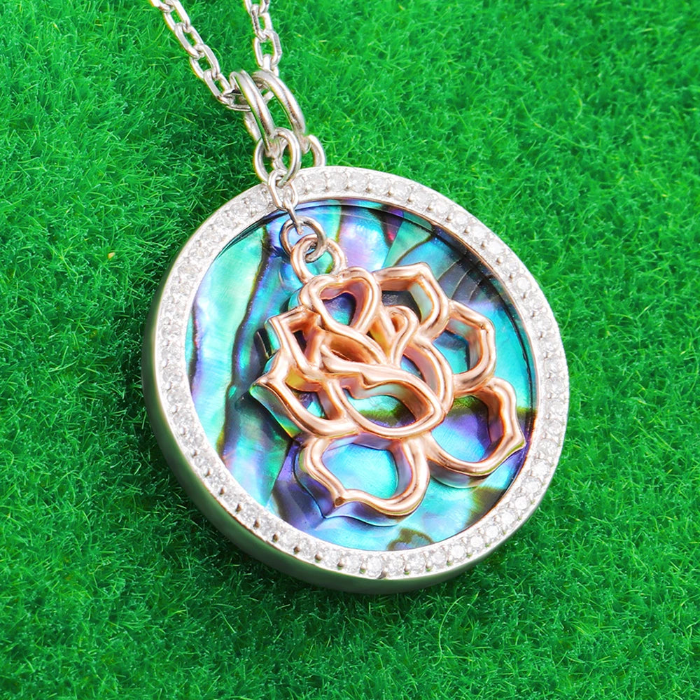 Abalone Shell Pendant Necklace with Rose Gold Flower-Black Diamonds New York