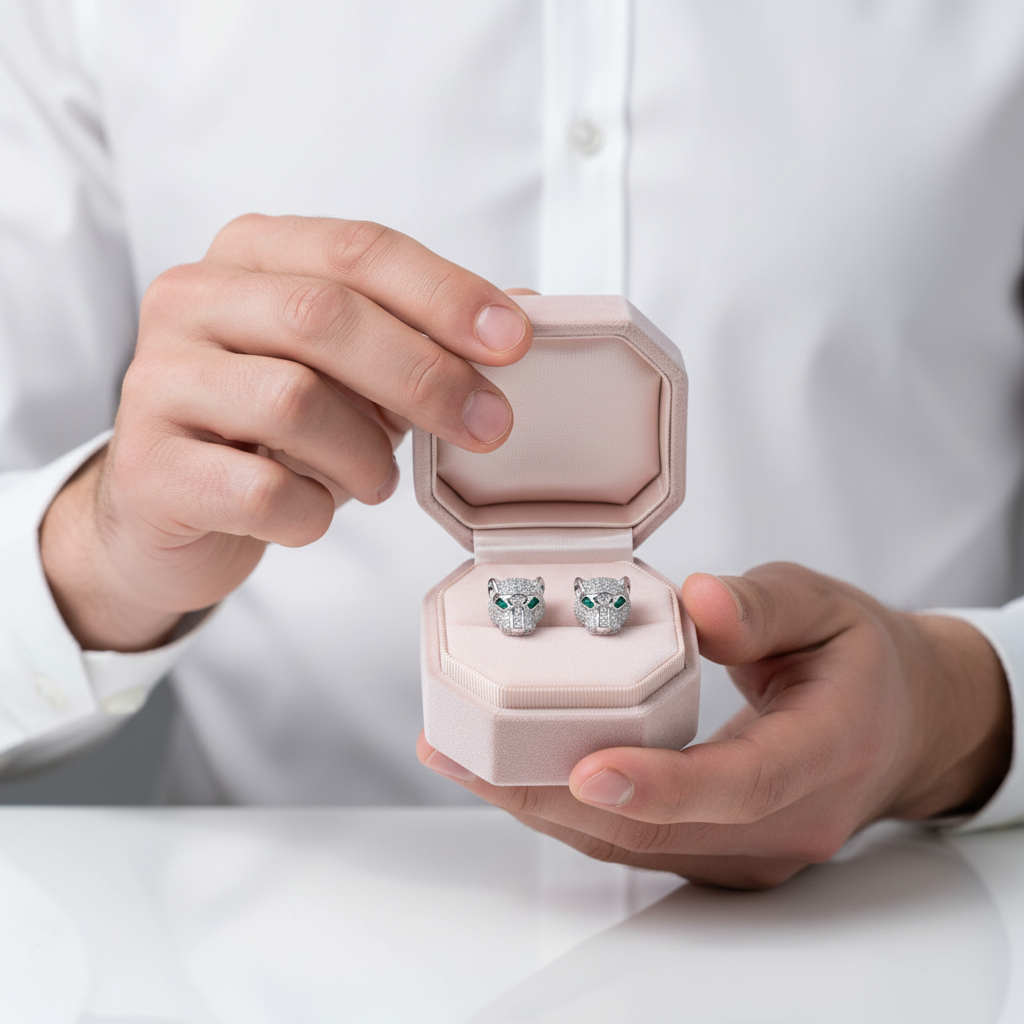 Person holding a pink jewelry box with a pair of earrings inside