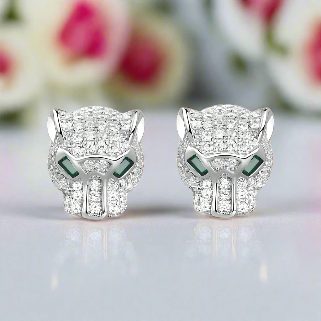 Hollow Leopard Head Diamond Earrings-Black Diamonds New York