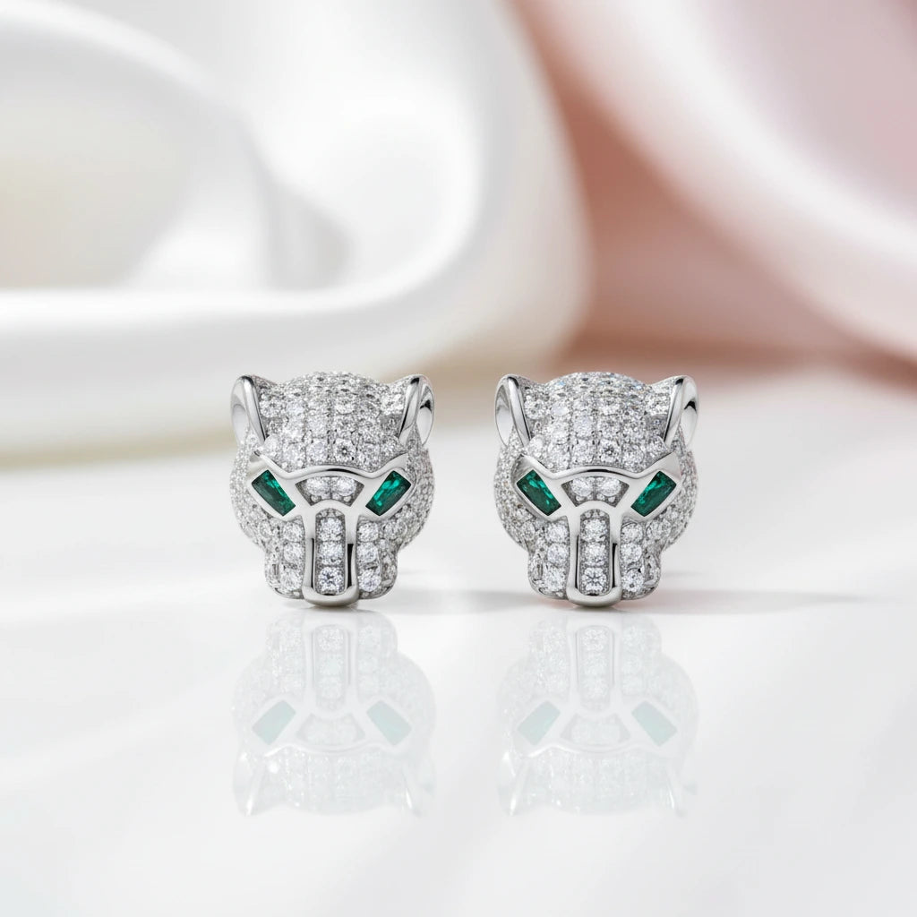 Hollow Leopard Head Diamond Option Earrings-Black Diamonds New York