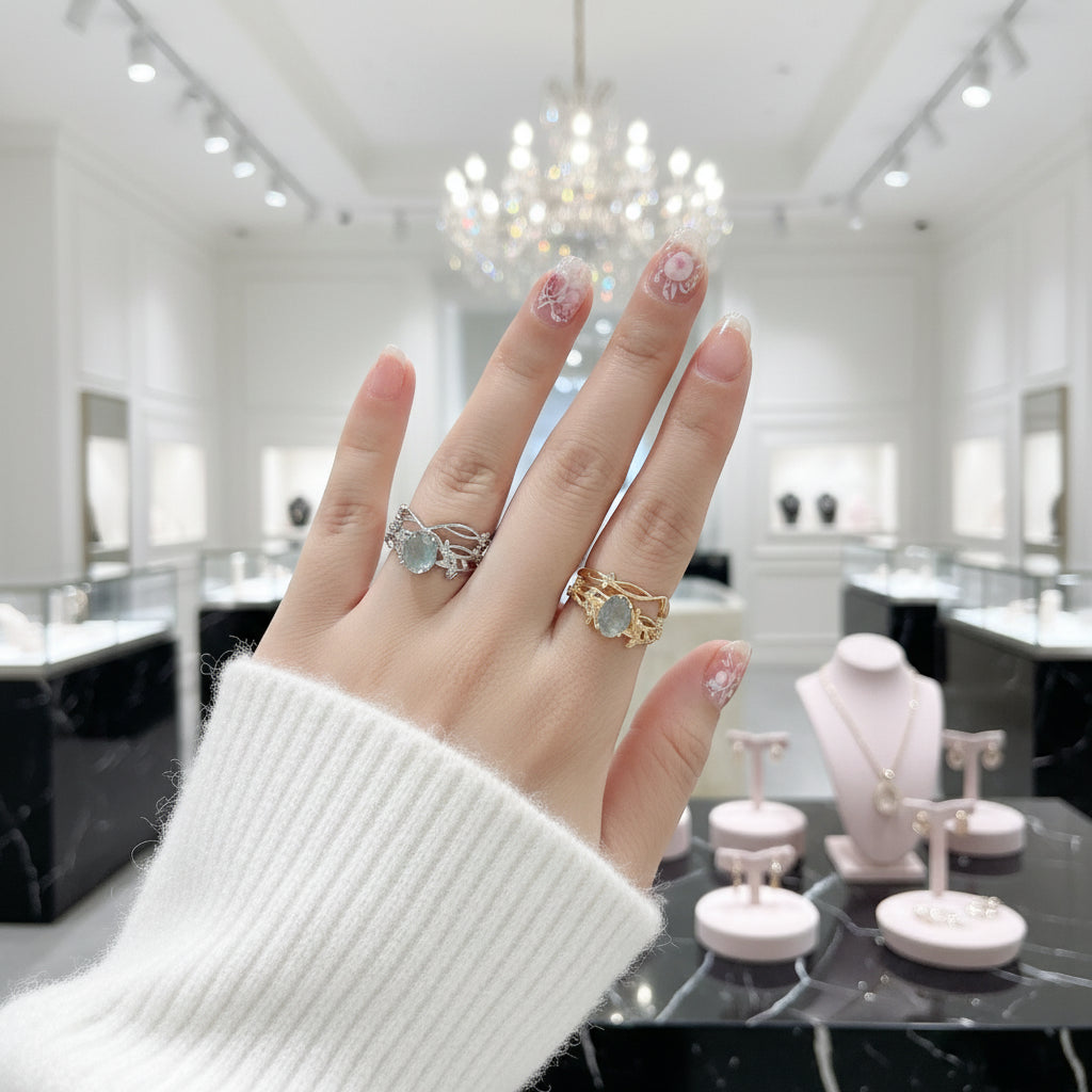 Oval-cut Moss Agate Leaf Design Ring Set-Black Diamonds New York