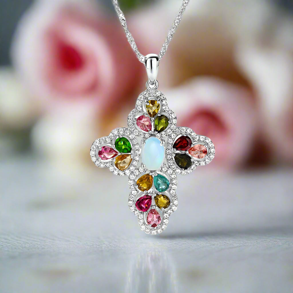 Oval cut Created Opal & Multi Gemstones Cross Pendant Necklace-Black Diamonds New York