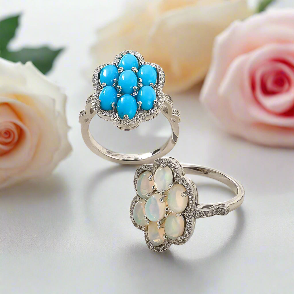 Sparkling Opal Gemstone Halo Ring-Black Diamonds New York