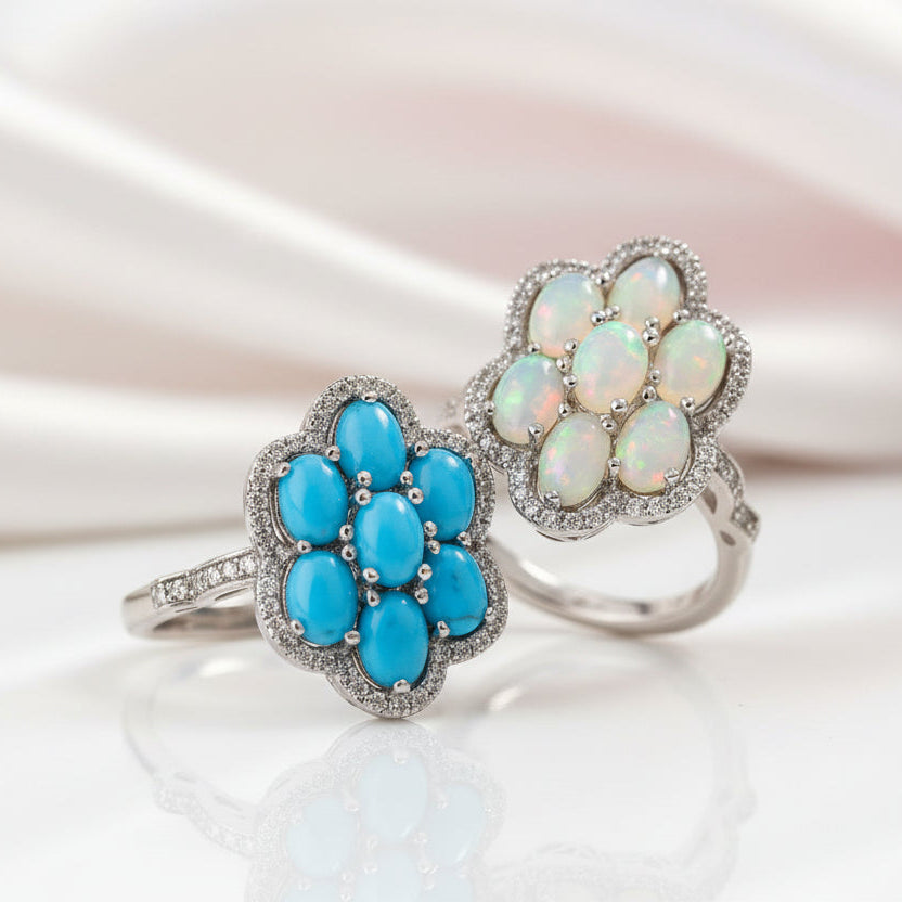 Sparkling Opal Gemstone Halo Ring-Black Diamonds New York
