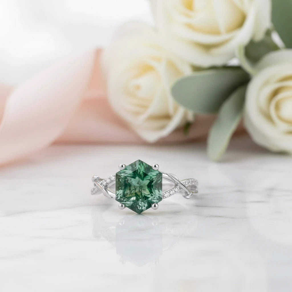 Moss Agate Engagement Ring-Black Diamonds New York