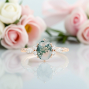 Natural Oval Moss Agate Promise Ring-Black Diamonds New York