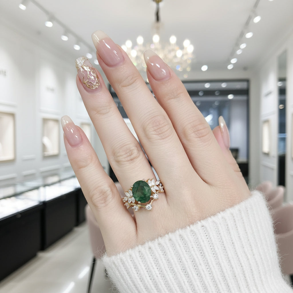 Vintage Green Moss Agate Art Deco Cluster Promise Ring Set-Black Diamonds New York