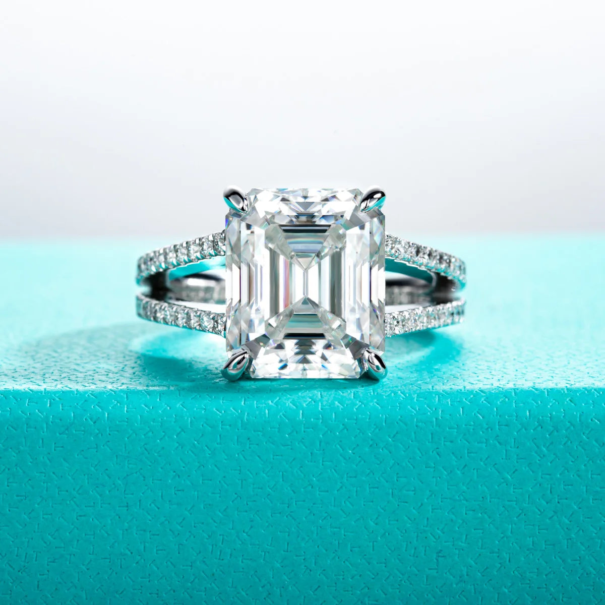 8.0 Ct Emerald Cut Moissanite Split Shank Engagement Ring-Black Diamonds New York
