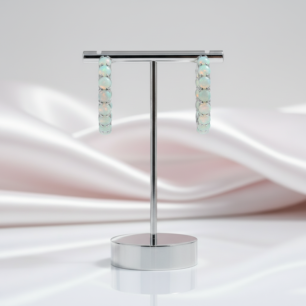 Round-cut Opal Gemstone Huggie Earrings-Black Diamonds New York