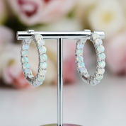Round-cut Opal Gemstone Huggie Earrings-Black Diamonds New York