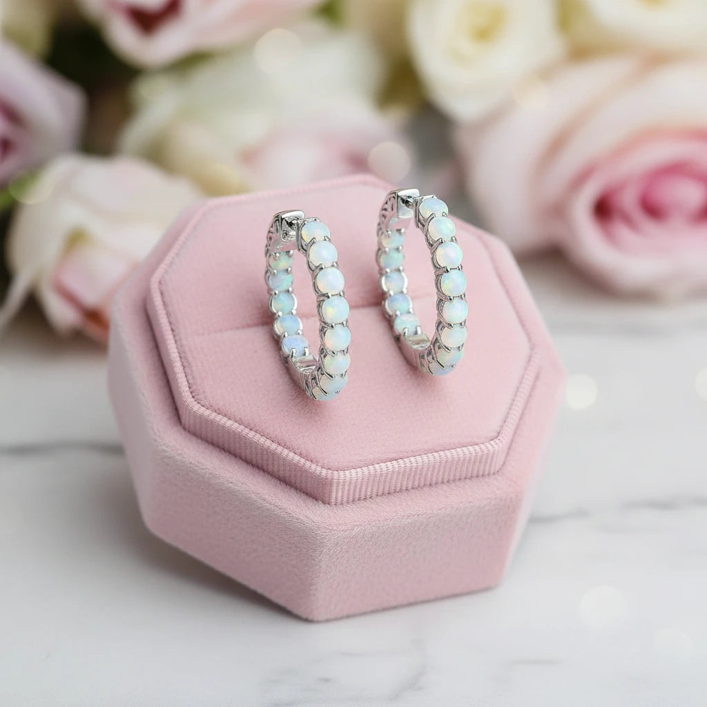 Round-cut Opal Gemstone Huggie Earrings-Black Diamonds New York