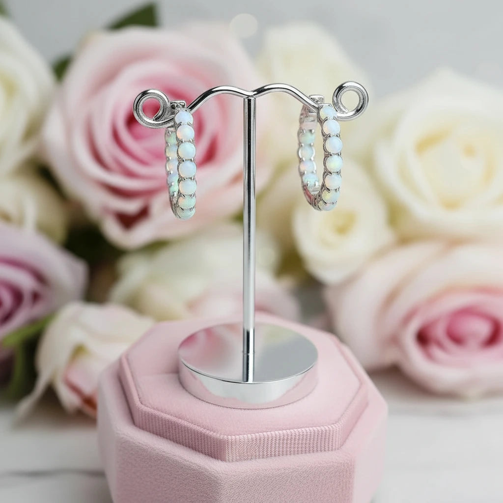 Round-cut Opal Gemstone Huggie Earrings-Black Diamonds New York